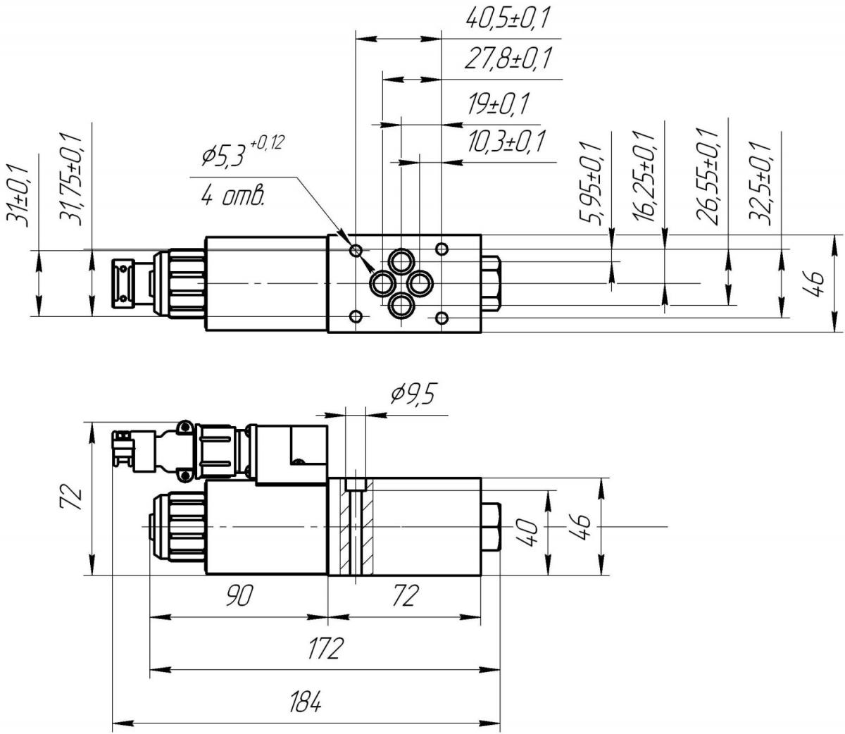 Схема габаритных размеров гидрораспределителя РЕ 6,3-573 Г12 УХЛ1