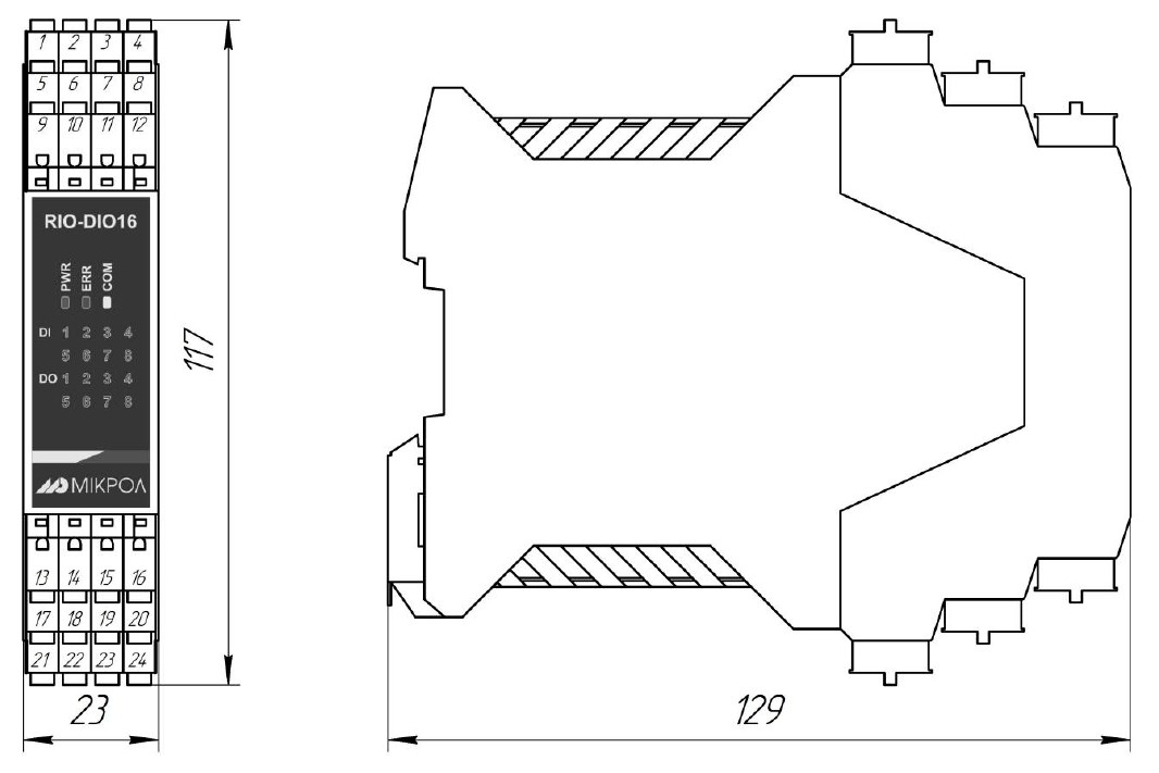 Схема габаритных размеров модуля RIO-DIO16