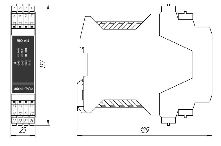 Схема габаритных размеров модуля RIO-AI4