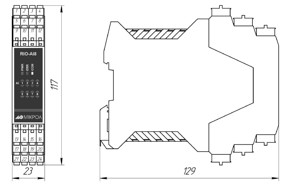 Схема габаритных размеров модуля RIO-AI8