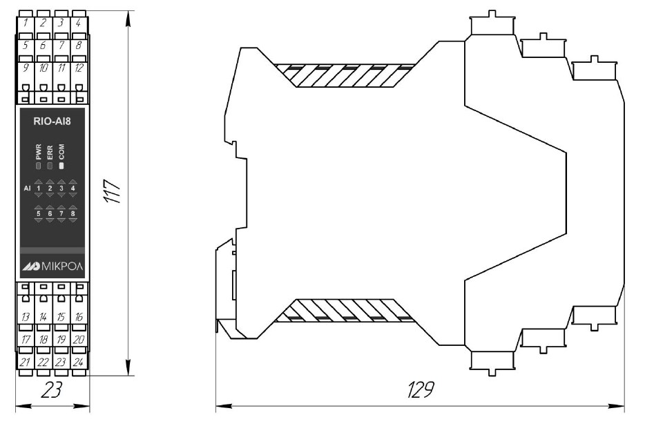 Схема габаритных размеров модуль аналогового ввода RIO-AIU8