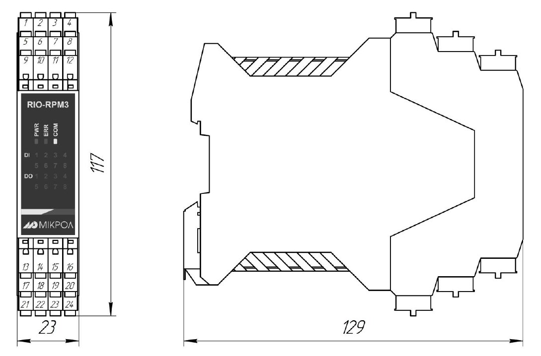 Схема габаритных размеров модули RIO-RPM3